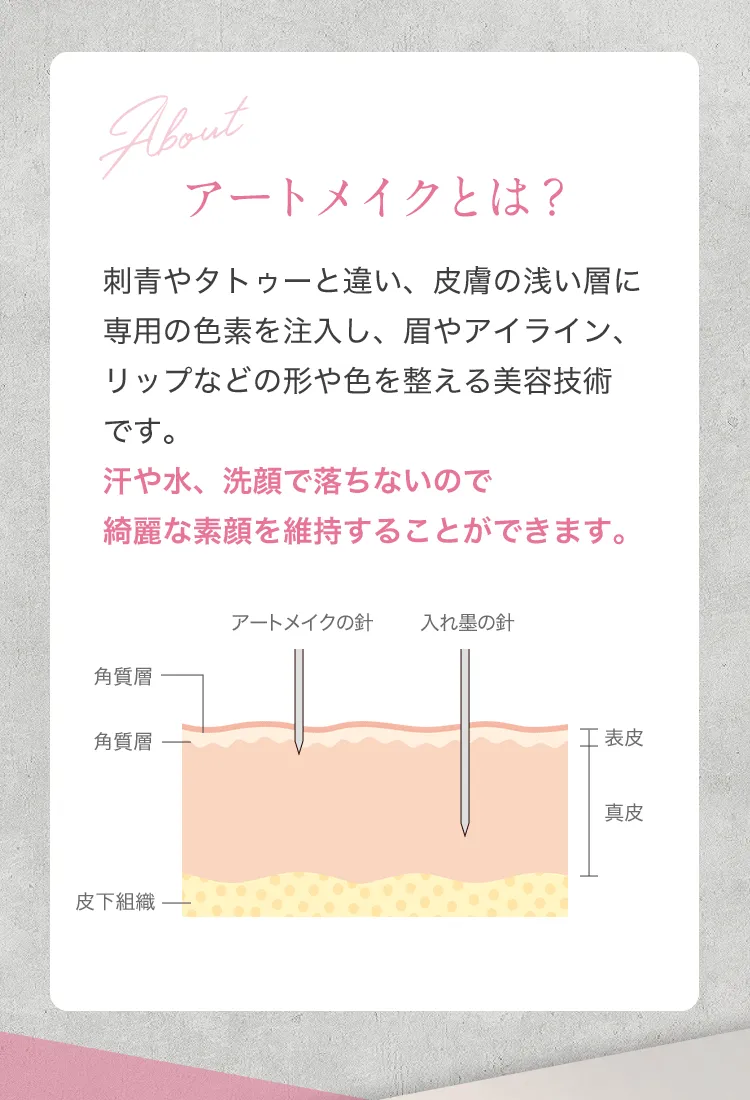 表皮・真皮・皮下組織の皮膚断面図に、アートメイク針と入れ墨の針が届く深さを示した図